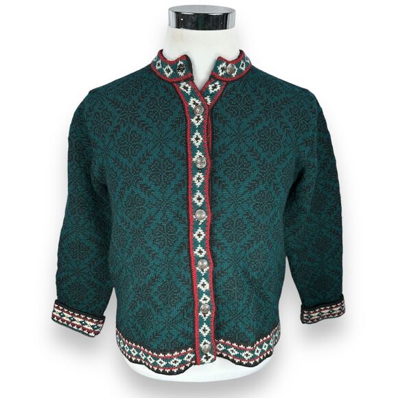 LL Bean Cardigan Sweater Women’s Small Green Fair Isle Merino Wool Nordic Knit - Picture 1 of 9
